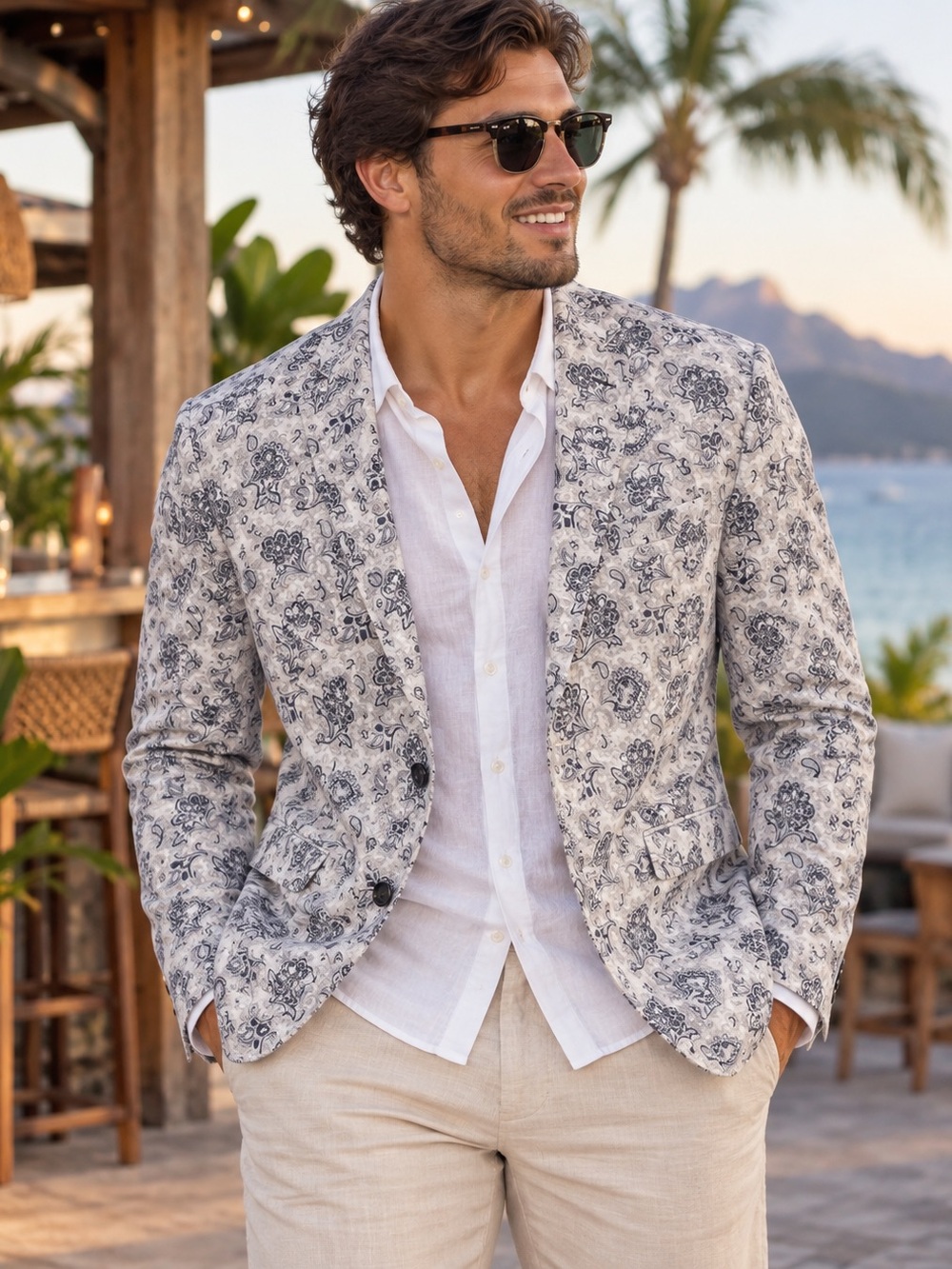 Zara Man 100% Linen Paisley Print Two Button Blazer Suit Blue White Men’s US 40